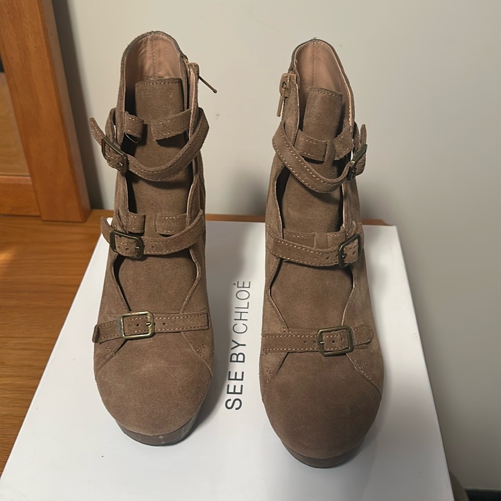 See by Chloe suede buckle booties 4” heel 1” platform